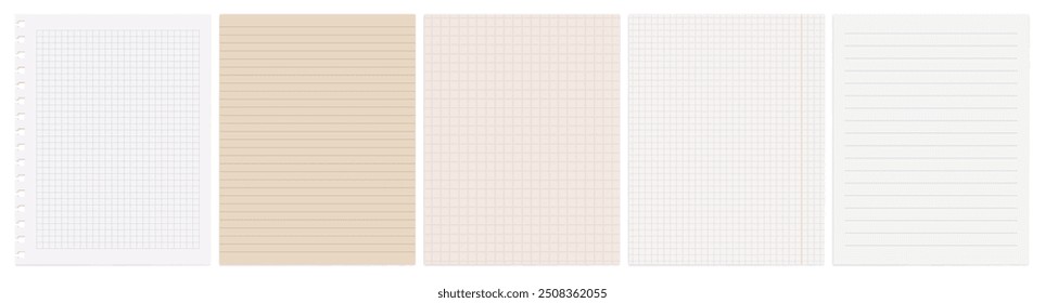 Realistic square, lined paper blank sheets set. Art design lines, abstract concept graphic element torn of white, lined and squared note, notebook paper. Grid page notebook with margin