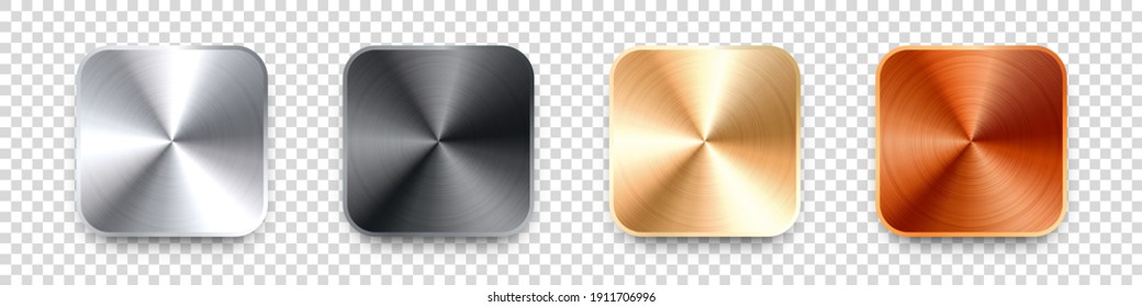 Realistic square metal chrome button. Steel volume control knob. Application interface design element. App icon. Vector illustration.