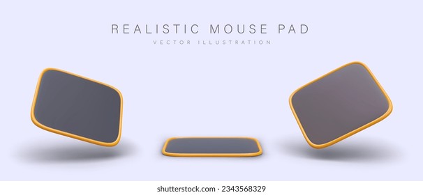 Realistic square mouse pad. Front view, right, left. Set of images with shadows. Modern computer device for user convenience. Illustrations for store, application, website