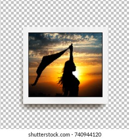Realistic square photo frame with shadow isolated on transparent background. Young girl silhouette on background of beautiful cloudy sky with golden sunset. Vector illustration