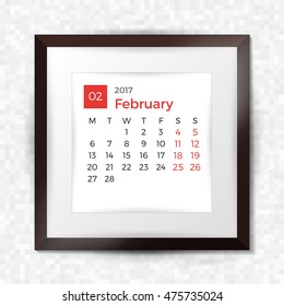 Realistic square picture frame with calendar for February 2017. Isolated on pixel background. Vector illustration.
