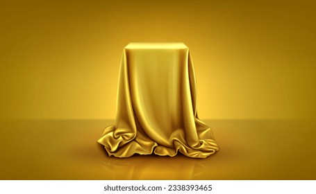 Realistic square podium covered with golden silk cloth. Vector illustration of surprise gift box hidden under satin fabric curtain with drapery waves, yellow studio background. Grand presentation