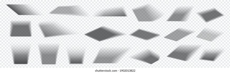 Realistic square shadow. Falling gray shades from rectangular objects. Collection of isolated overlay blackout effects on transparent background. Light from window. Vector decorative templates set