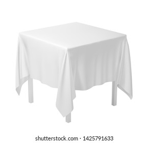 Realistic square table with white folded tablecloth. Vector template