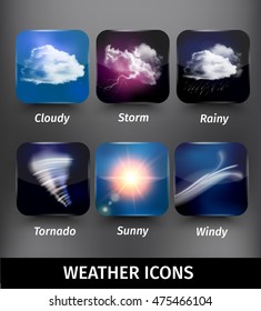Realistic square weather icon set on cloudy storm rainy tornado sunny windy themes vector illustration