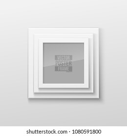 Realistic Square White Blank Picture Frame, hanging on a White Wall from the Front. Vector illustration Empty Frame with Shiny Glass. Design Template for Mock Up.