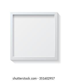 Realistic Square White Blank Picture frame, hanging on a White Wall from the Front. 
Design Template for Mock Up. Vector illustration