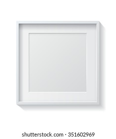 Realistic Square White Blank Picture frame, hanging on a White Wall from the Front. 
Design Template for Mock Up. Vector illustration