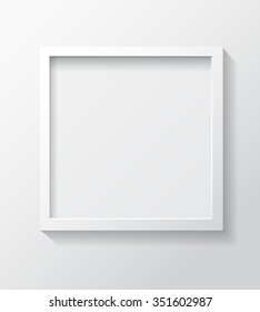 Realistic Square White Blank Picture frame, hanging on a White Wall from the Front. 
Design Template for Mock Up. Vector illustration