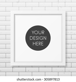 Realistic square white frame on the brick wall background. It can be used for presentations. Vector EPS10 illustration. 