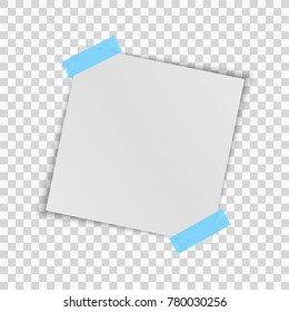 Realistic square white sheet of paper isolated on a transparent background. Blue scotch tape. Template for your project. Vector illustration