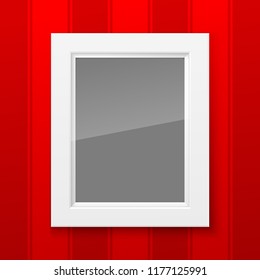 Realistic Square White wood Blank Picture Frame, hanging on a Red Wall from the Front. Vector illustration Empty White wood Frame with Shiny Glass. Red Wall Design Template for Mock Up.