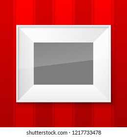 Realistic Square White wood Blank Picture Frame, hanging on a Red Wall from the Front. Vector illustration Empty White wood Frame with Shiny Glass. Red Wall Design Template for Mock Up.