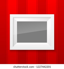 Realistic Square White wood Blank Picture Frame, hanging on a Red Wall from the Front. Vector illustration Empty White wood Frame with Shiny Glass. Red Wall Design Template for Mock Up.