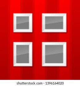 Realistic Square White wood Blank Picture Frame, hanging on a Red Wall from the Front. Vector illustration Empty White wood Frame with Shiny Glass. Red Wall Design Template for Mock Up.