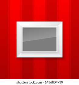 Realistic Square White wood Blank Picture Frame, hanging on a Red Wall from the Front. Vector illustration Empty White wood Frame with Shiny Glass. Red Wall Design Template for Mock Up.