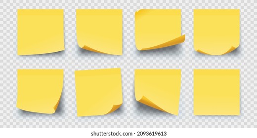 Realistic square yellow paper sticky memo notes. Office reminder sticker pages with curled corners. Wall notepad for scribbles vector set. Illustration of office notepaper adhesive