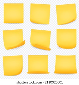 Realistic square yellow paper sticky memo notes. Office reminder sticker pages with curled corners. Yellow stick note isolated on white background, vector illustration