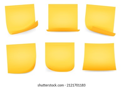 Realistic square yellow paper sticky memo notes. Office reminder sticker pages with curled corners. Yellow stick note isolated on white background, vector illustration