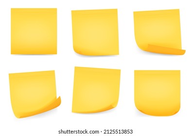 Realistic square yellow paper sticky memo notes. Office reminder sticker pages with curled corners. Yellow stick note isolated on white background, vector illustration