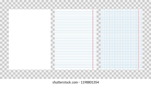 Realistic squared and lined paper sheets of notebook or copybook. Vector illustration. eps10