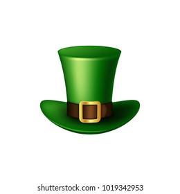 Realistic St. Patrick's Day green leprechaun hat. Isolated on white background. Vector illustration