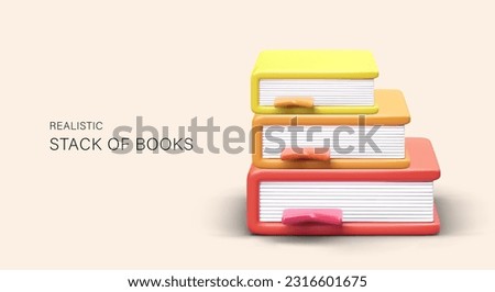Realistic stack of books. Volumes in hard covers of different colors. Textbooks with bookmarks. 3D books with shadows. Large library. Vector concept for bookstores, libraries, publishing houses