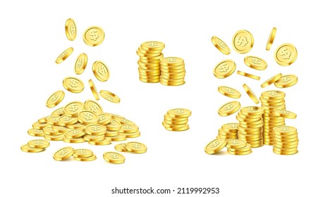 Realistic stack of dollar coins in pile, falling money, symbol of savings and benefit. Vector investment or growth of profit and salary, financial assets deposit and interests. Prosperity and wealth