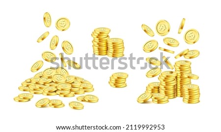 Realistic stack of dollar coins in pile, falling money, symbol of savings and benefit. Vector investment or growth of profit and salary, financial assets deposit and interests. Prosperity and wealth