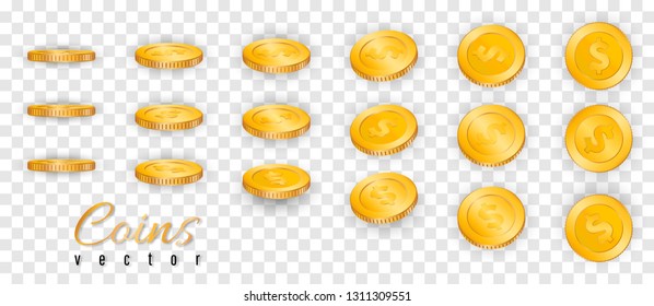 Realistic stack of gold coins isolated on transparent background. Vector illustration.
