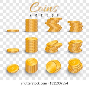 Realistic stack of gold coins isolated on transparent background. Pile of gold coins. Vector illustration.