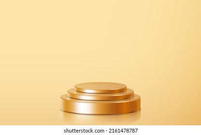 Realistic stack golden blank product podium scene isolated on gold background. Geometric metallic round shape for product branding. Gold cylinder mock up scene.  3d vector illustration background