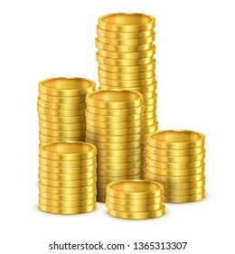 Realistic stack of golden money or stack of 3d coins made of gold. Tower of casino dollar cash or pile of banking investment. Finance and bank, financial and economy, pay and payment, income