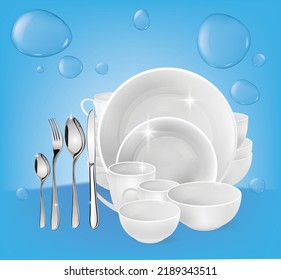 Montaje realista de platos y cubiertos. Platos limpios, lavavajillas y caja fuerte. Placas limpias, lavadas, tenedores, cuchara, vectores de platos ilustrativos. Platos de porcelana, minuciosamente cerrados en burbujas de detergente