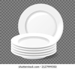 Realistic stack of plates, washed dishes, clean plate pile. Stacked dinnerware, empty white dish, ceramic kitchen tableware vector set. Illustration of realistic dish and plate