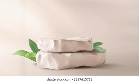 Realistic stack of rough stones decorated with green leaves against beige wall background. Vector illustration of pile of concrete pieces, natural rock pedestal for organic beauty product presentation