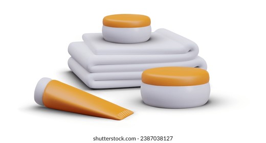 Realistic stack of white towels, round jars, tube with cosmetic product. Packaging mockup. Concept of hygiene, cleaning, care. Set of cosmetics from one collection, phased use