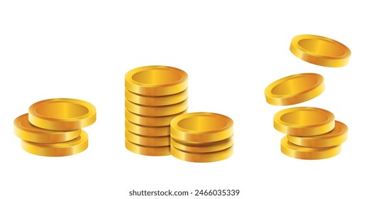 Realistic stacks of 3D gold coins. Falling gold coins.