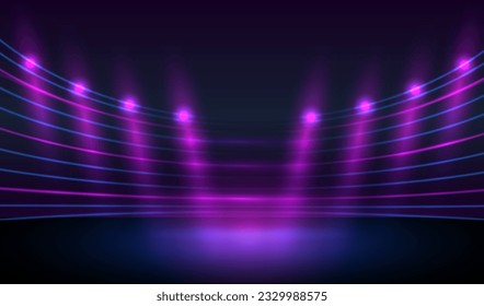 Realistic stadium background with purple and blue glowing neon lamps and light lines in futuristic concept design. Technology studio vector. 