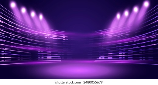 Realistic stadium background with purple glowing neon lamps and light lines in futuristic concept design. Technology game studio vector. Disco club concert spotlight poster.