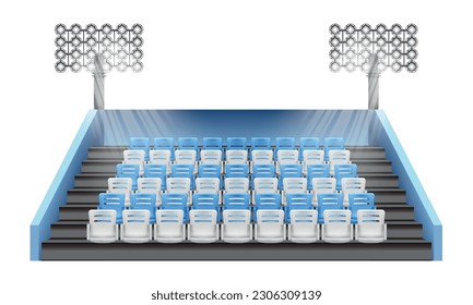 Realistic stadium tribune composition with isolated front view of arena sector with rows of empty seats vector illustration
