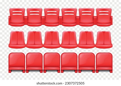Realistic stadium tribune composition with isolated front and back views of rows with red plastic seats vector illustration