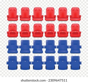 Realistic stadium tribune composition with isolated back and front views of blue and red plastic seats vector illustration