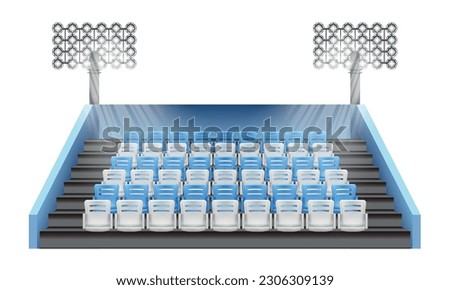Realistic stadium tribune composition with isolated front view of arena sector with rows of empty seats vector illustration