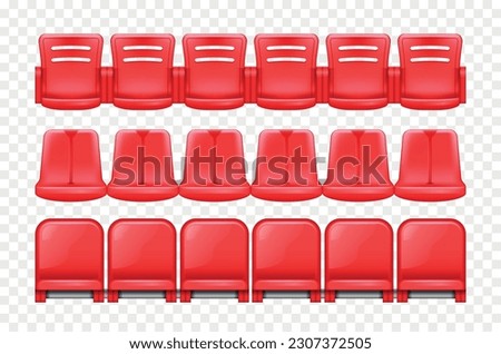 Realistic stadium tribune composition with isolated front and back views of rows with red plastic seats vector illustration
