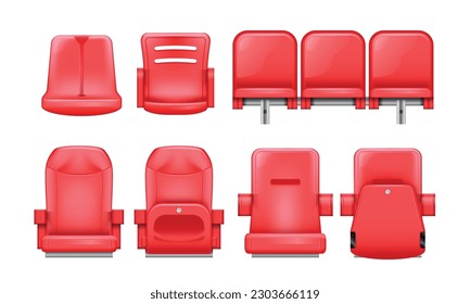 Realistic stadium tribune rows set of isolated plastic seat images from different angles standard and vip vector illustration