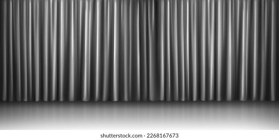 Realistic stage floor background with silver silk curtain vector illustration. Black cloth sheet with drape interior design for theater. Dark grayscale satin material for presentation or advertising.