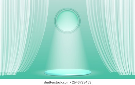 Realistic stage with light beam, transparent curtains, round window and podium. Light pink room. Vector background