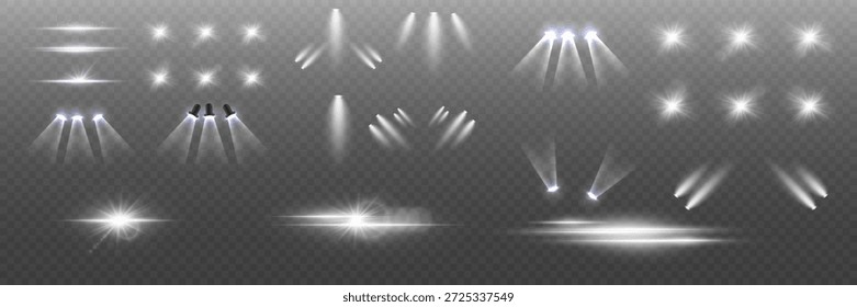 Rayos de luz de escenario realistas y colección de brillo de estrella