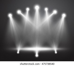 Realistic Stage Lighting Vector Background. Group Of Bright Projectors Isolated On Checkered Backdrop. Special Light Effect With Transparency